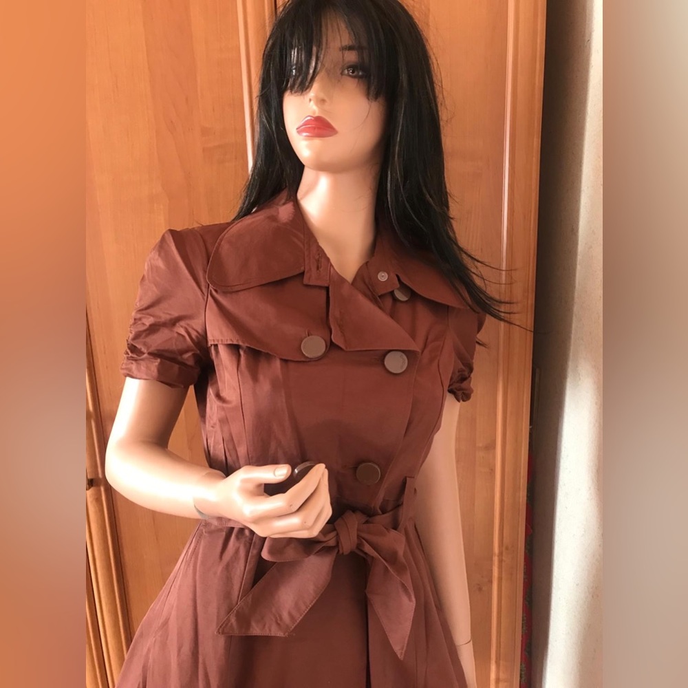 Bebe orange brown short sleeve trench coat dress with buttons and belt in sz S - Picture 5 of 14
